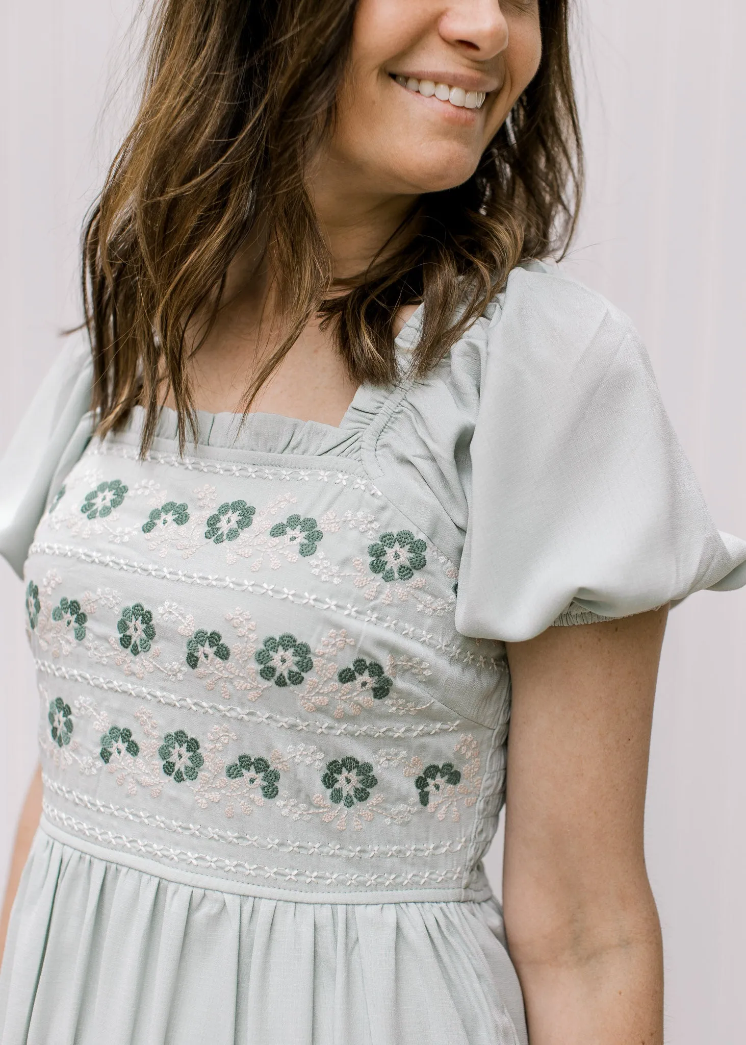 Sage Floral Embroidery Dress