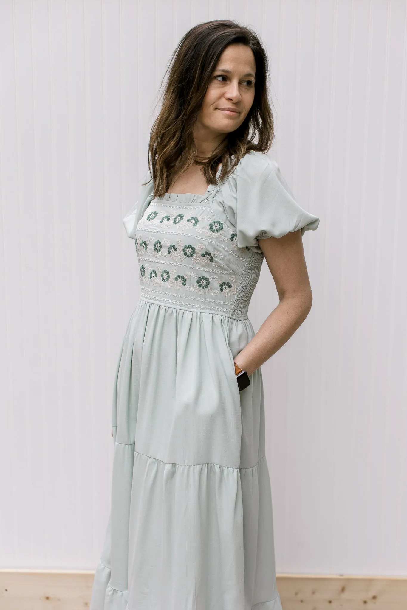 Sage Floral Embroidery Dress