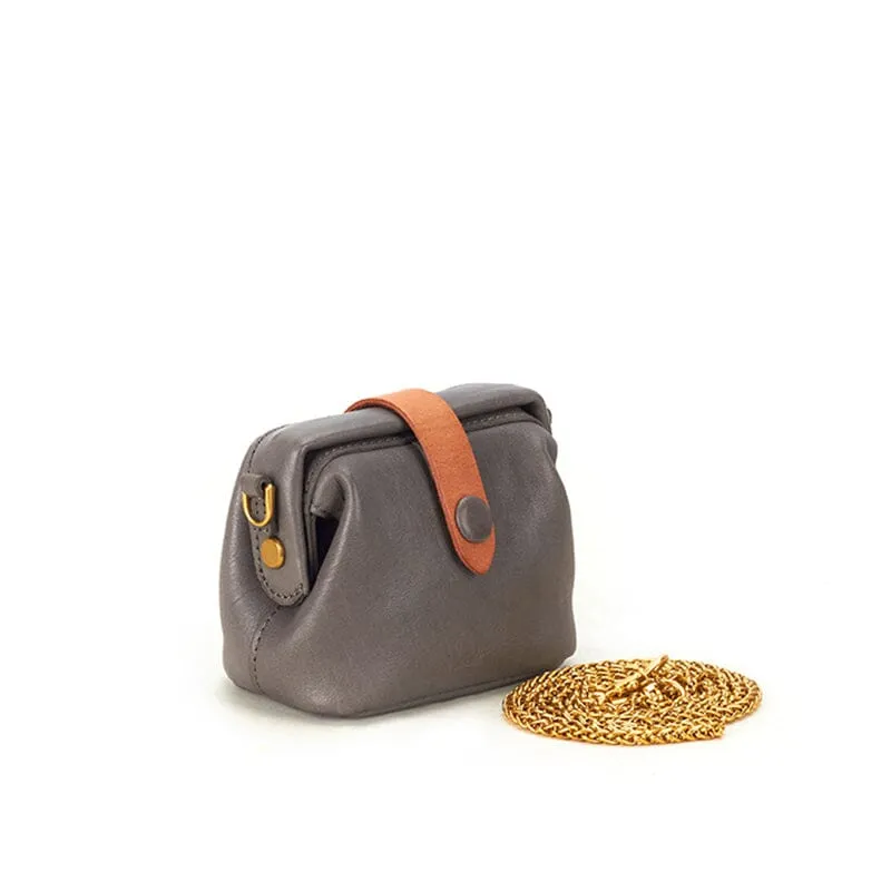 Simple Mini Mouth Gold Bag Cowhide Doctor Bag