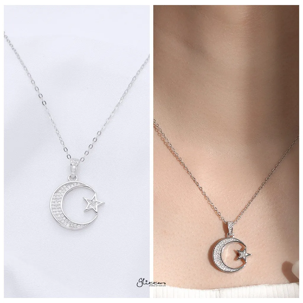 Sterling Silver Crescent and Star Necklace