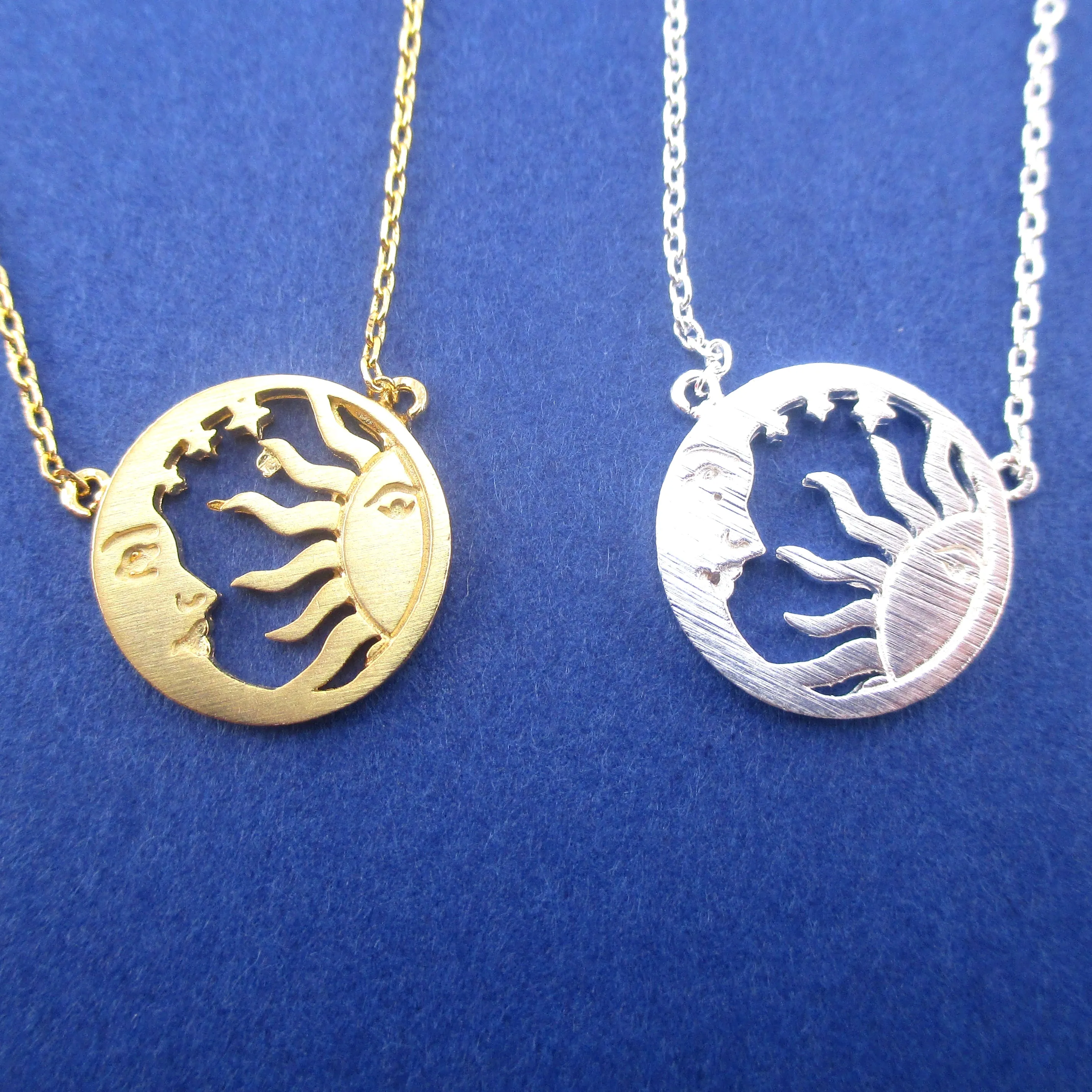 Sun and Crescent Moon Celestial Pendant Necklace in Silver or Gold