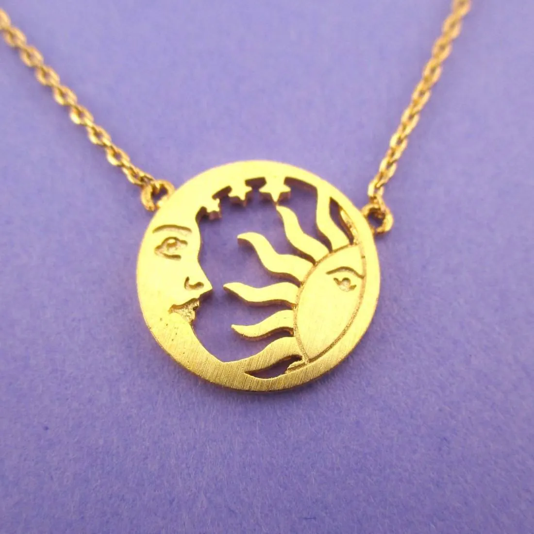 Sun and Crescent Moon Celestial Pendant Necklace in Silver or Gold