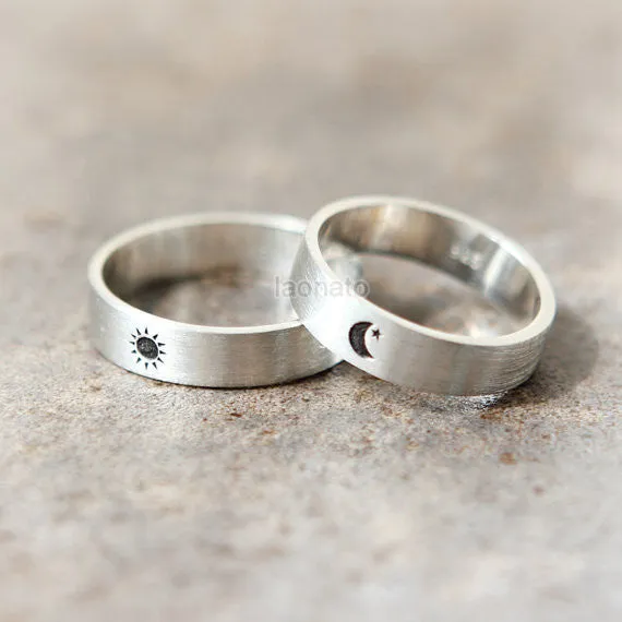 Sun and Moon Ring in sterling silver, Couple Rings - Custom Personalized Initial Ring