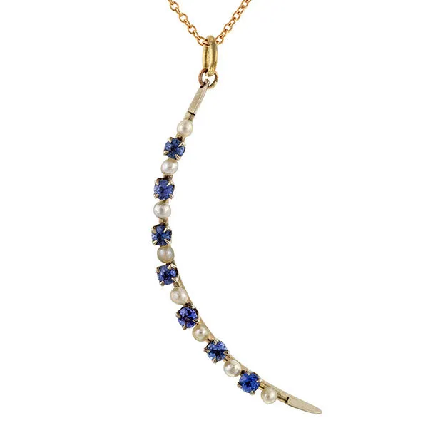 Vintage Sapphire & Pearl Crescent Pendant Necklace